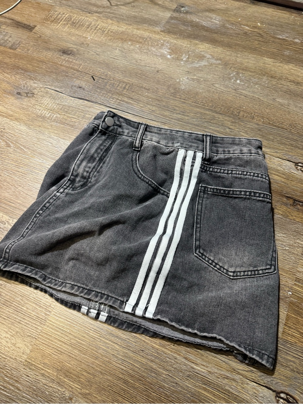 Women's Charcoal Denim Mini Skirt with White Side Stripes - Picture 2 of 4